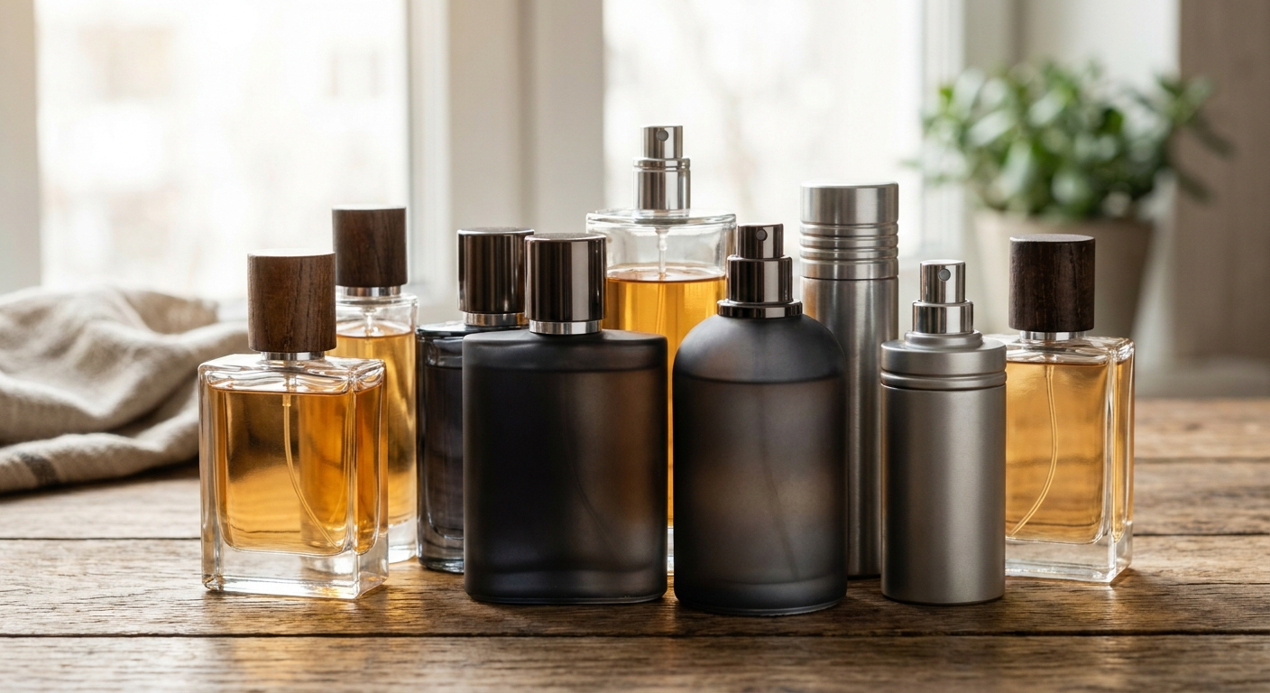 Ilustrasi botol parfum pria tahan lama dari berbagai merek lokal Indonesia.