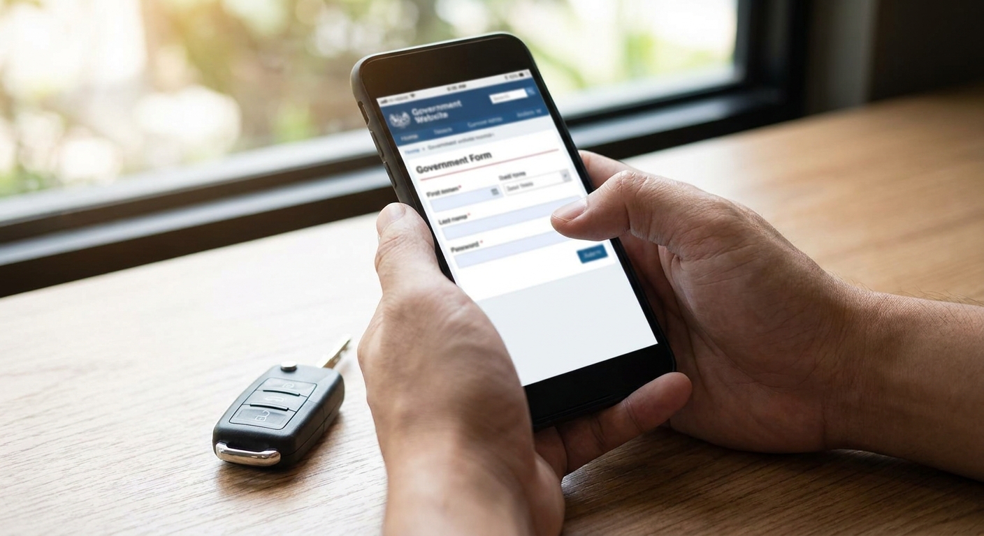 Ilustrasi seseorang menggunakan smartphone untuk cek pajak kendaraan secara online dengan mudah.
