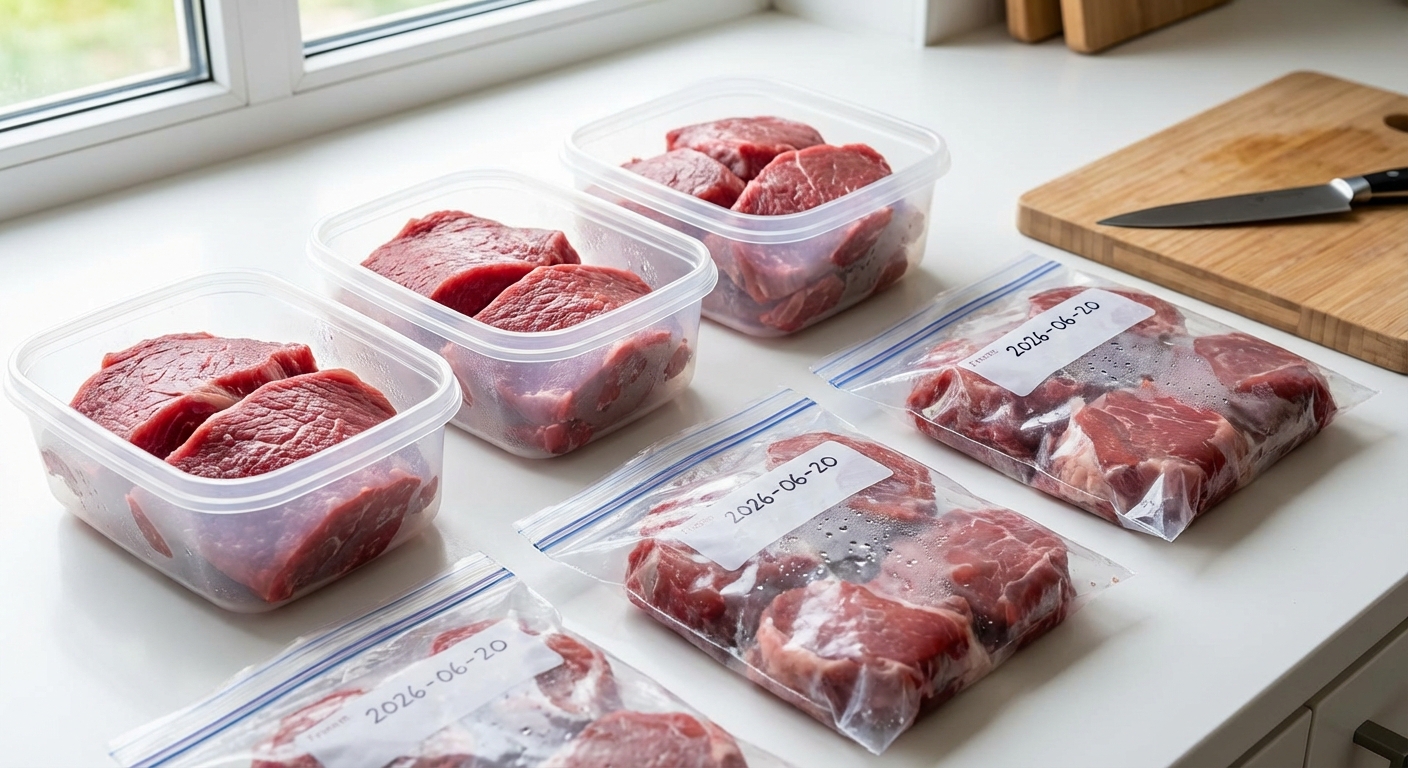 Ilustrasi cara memotong dan menyimpan daging hewan kurban di dalam wadah kedap udara agar awet.