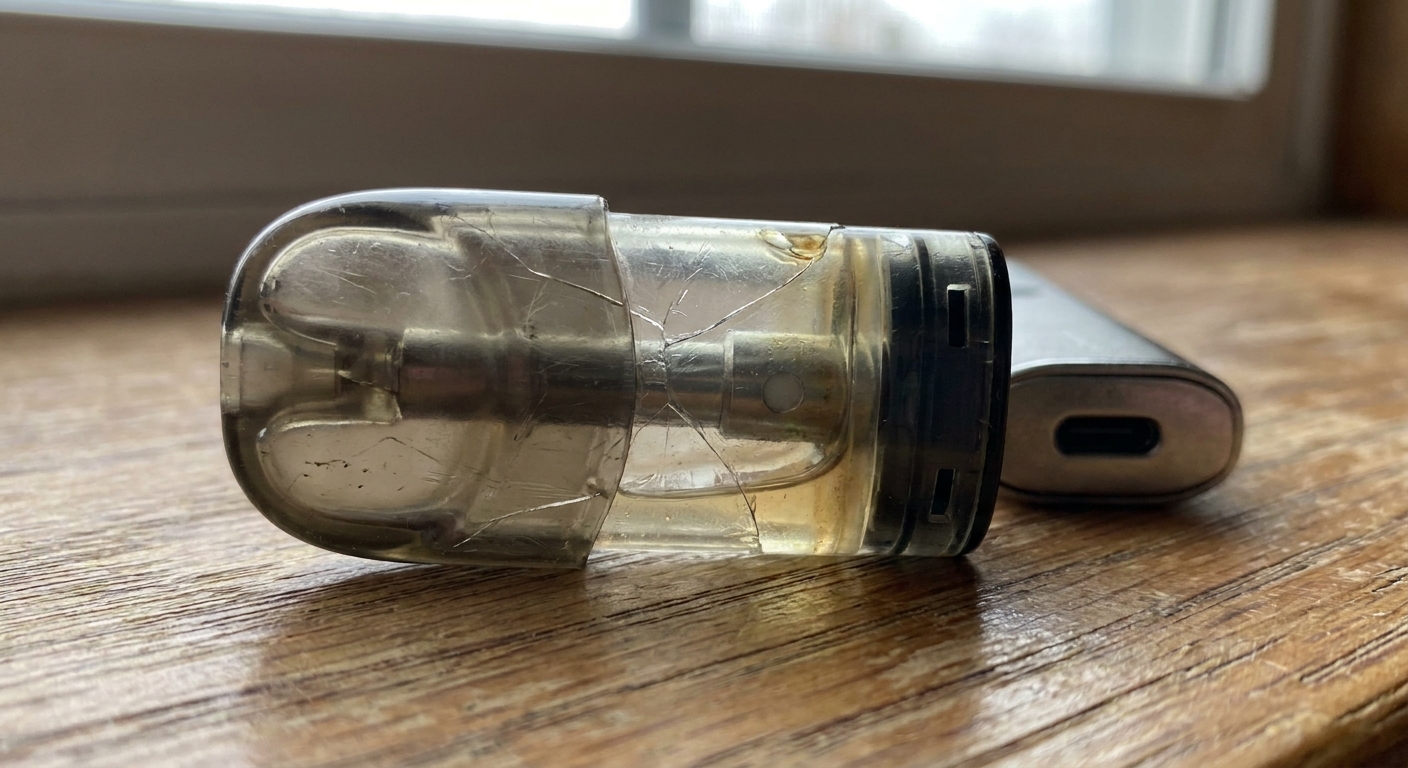 Ilustrasi menunjukkan tanda fisik cartridge pod rusak seperti warna gelap dan kebocoran liquid.
