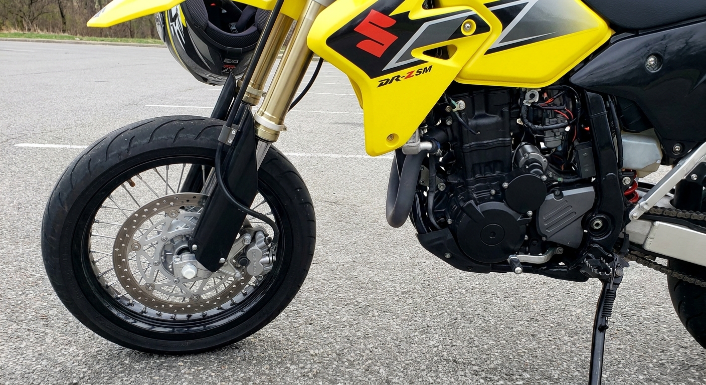 Ilustrasi detail spesifikasi dan fitur unggulan dari supermoto Suzuki DR-Z4SM.