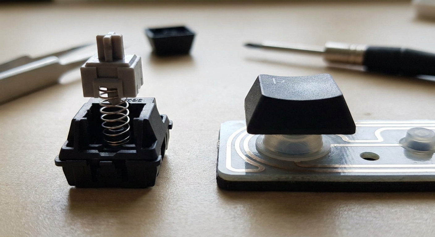 Ilustrasi perbandingan struktur bagian dalam mechanical keyboard dan keyboard membrane.