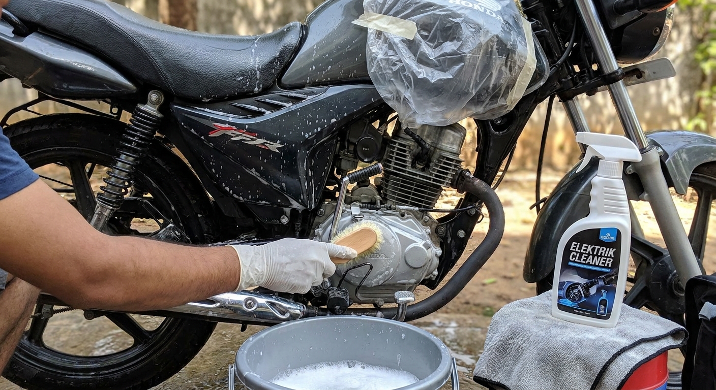 Ilustrasi seseorang sedang cuci motor dengan hati-hati agar air tidak masuk ke bagian kelistrikan.