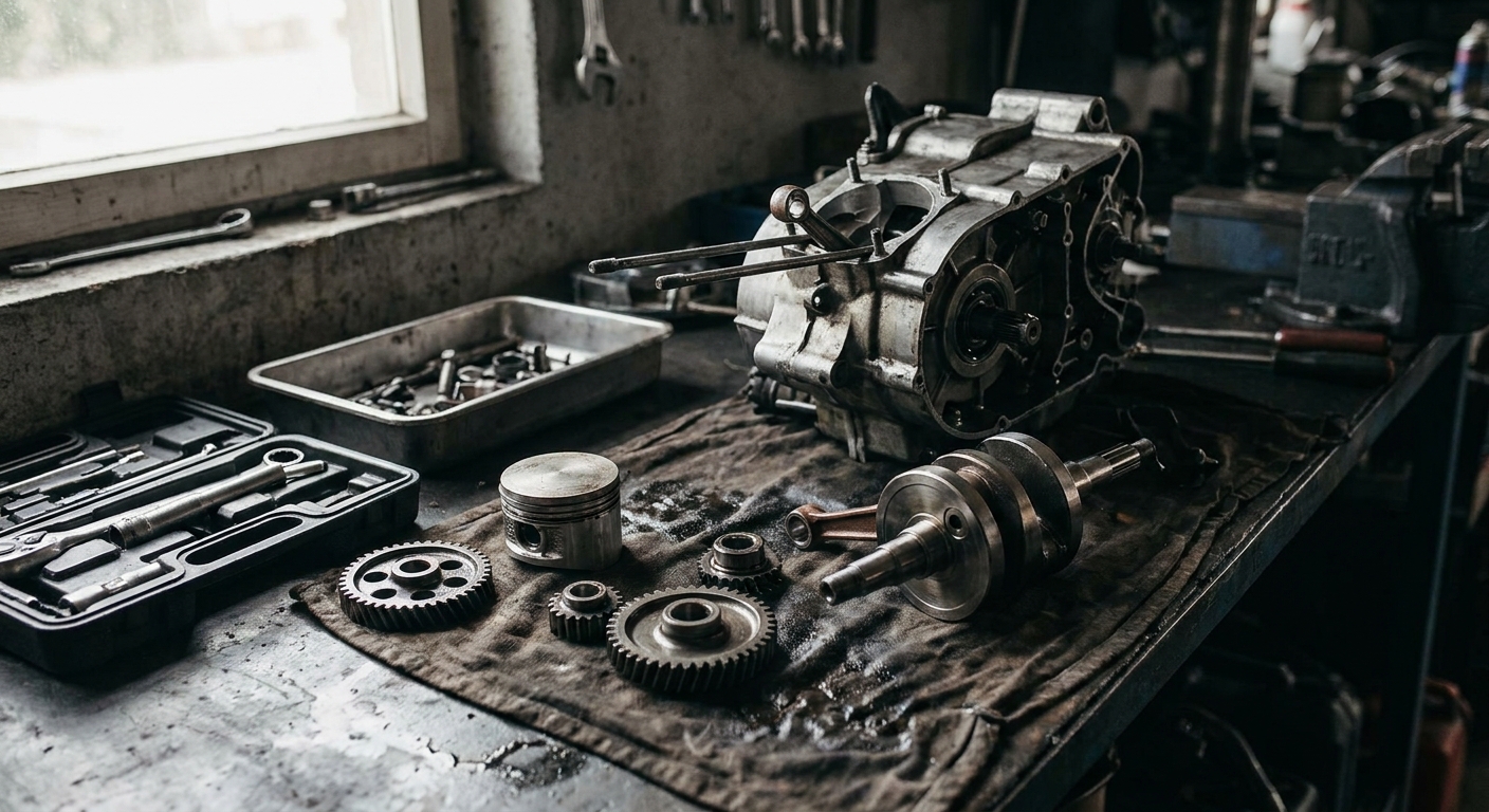 Ilustrasi mekanik membongkar komponen internal saat melakukan perbaikan turun mesin motor.